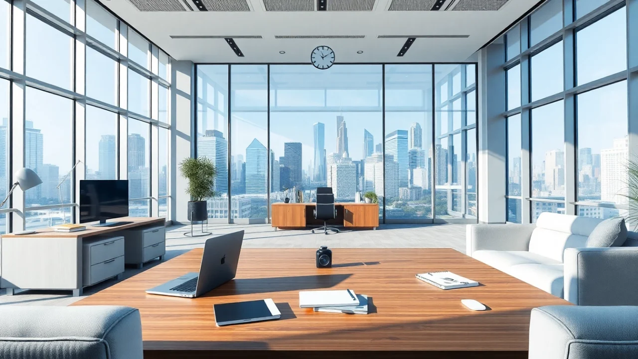 Engaging virtual office address showcasing a professional workspace with modern elements and city views.