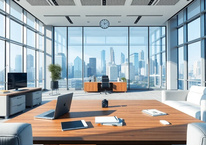 Engaging virtual office address showcasing a professional workspace with modern elements and city views.