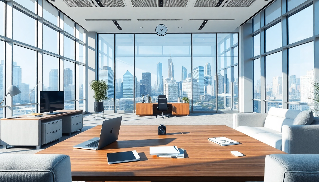 Engaging virtual office address showcasing a professional workspace with modern elements and city views.