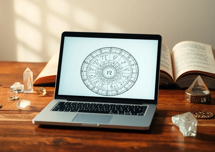 Engage with a numerology calculator amidst mystical symbols and a serene atmosphere.
