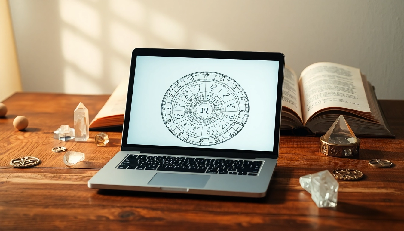 Engage with a numerology calculator amidst mystical symbols and a serene atmosphere.