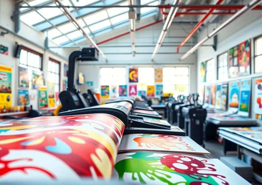Engaging scene of school poster printers in a vibrant print studio showcasing colorful educational themes.