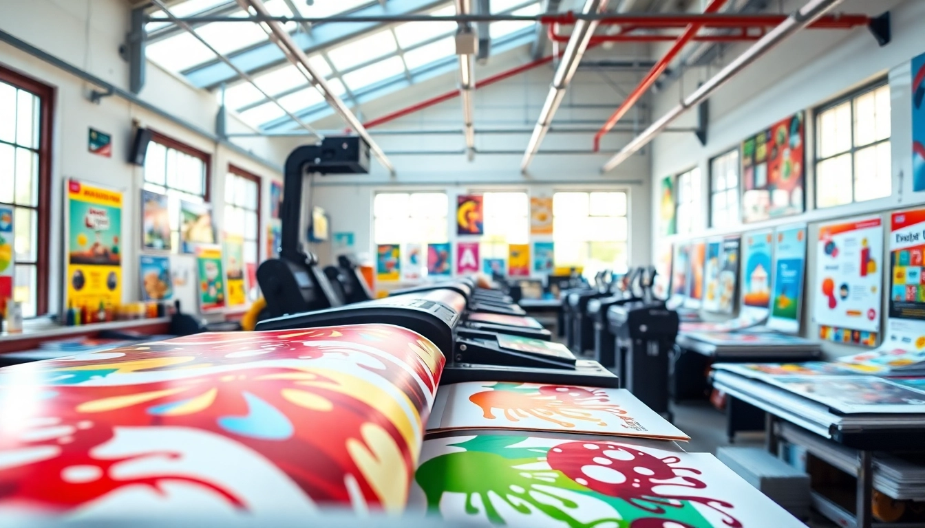 Engaging scene of school poster printers in a vibrant print studio showcasing colorful educational themes.