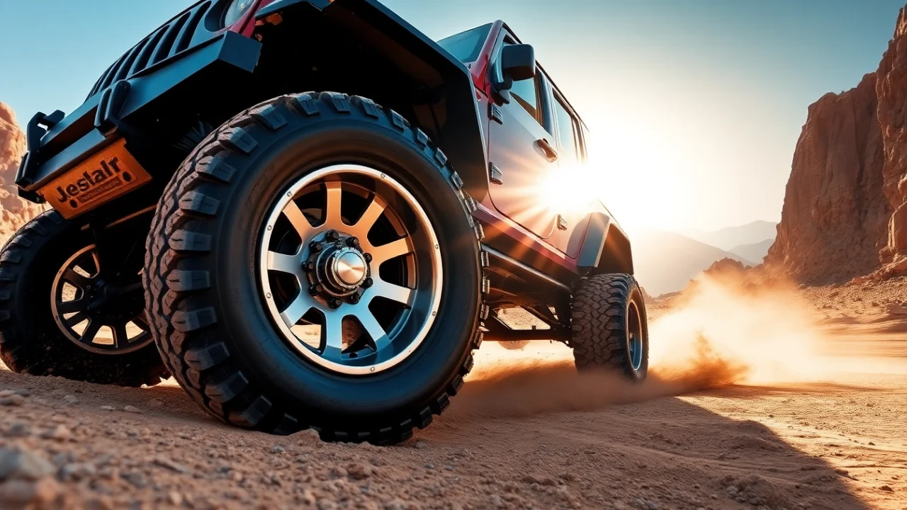 Showcasing off road wheels on a rugged vehicle, highlighting their strength and design in action.