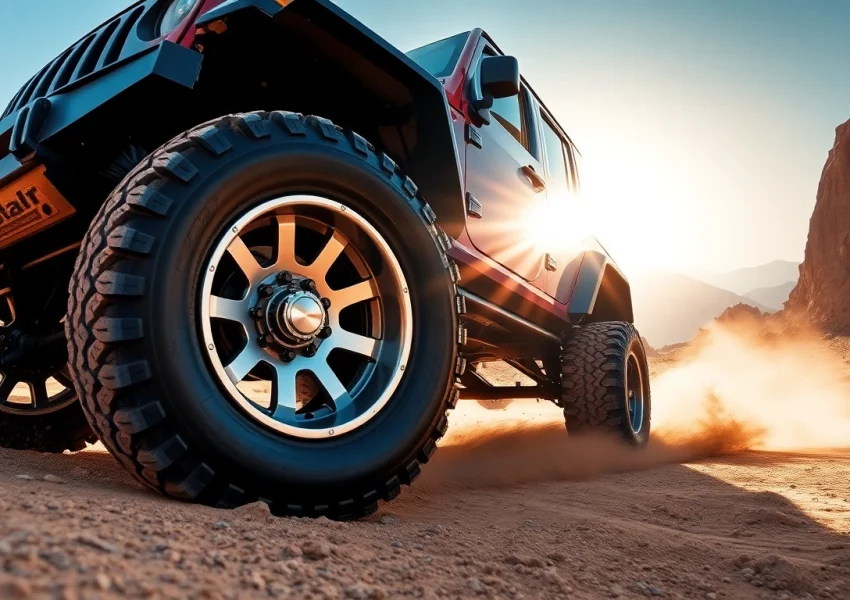 Showcasing off road wheels on a rugged vehicle, highlighting their strength and design in action.