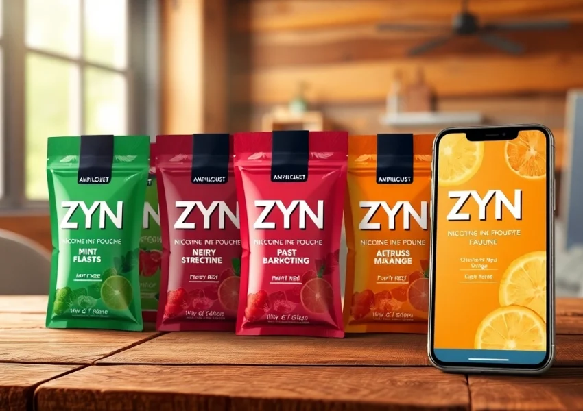 Showcasing zyn nicotine pouches in assorted flavors on a rustic wooden background.