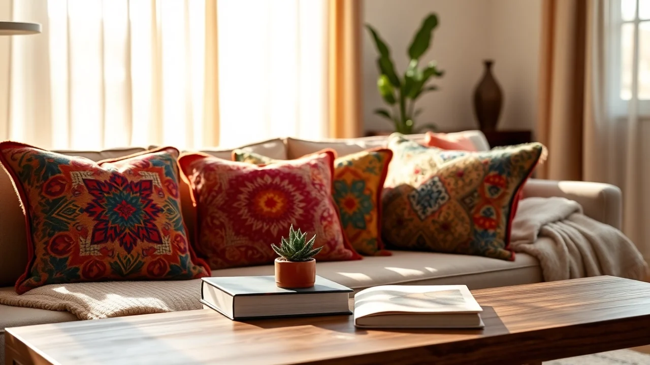 Arrange colorful Cactus Silk Pillows on a plush sofa in a cozy living room setting.