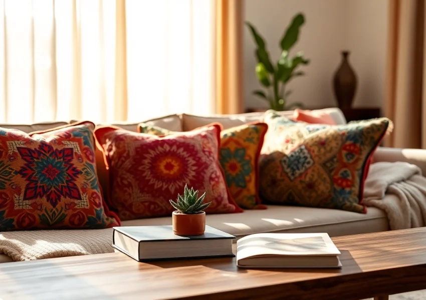 Arrange colorful Cactus Silk Pillows on a plush sofa in a cozy living room setting.