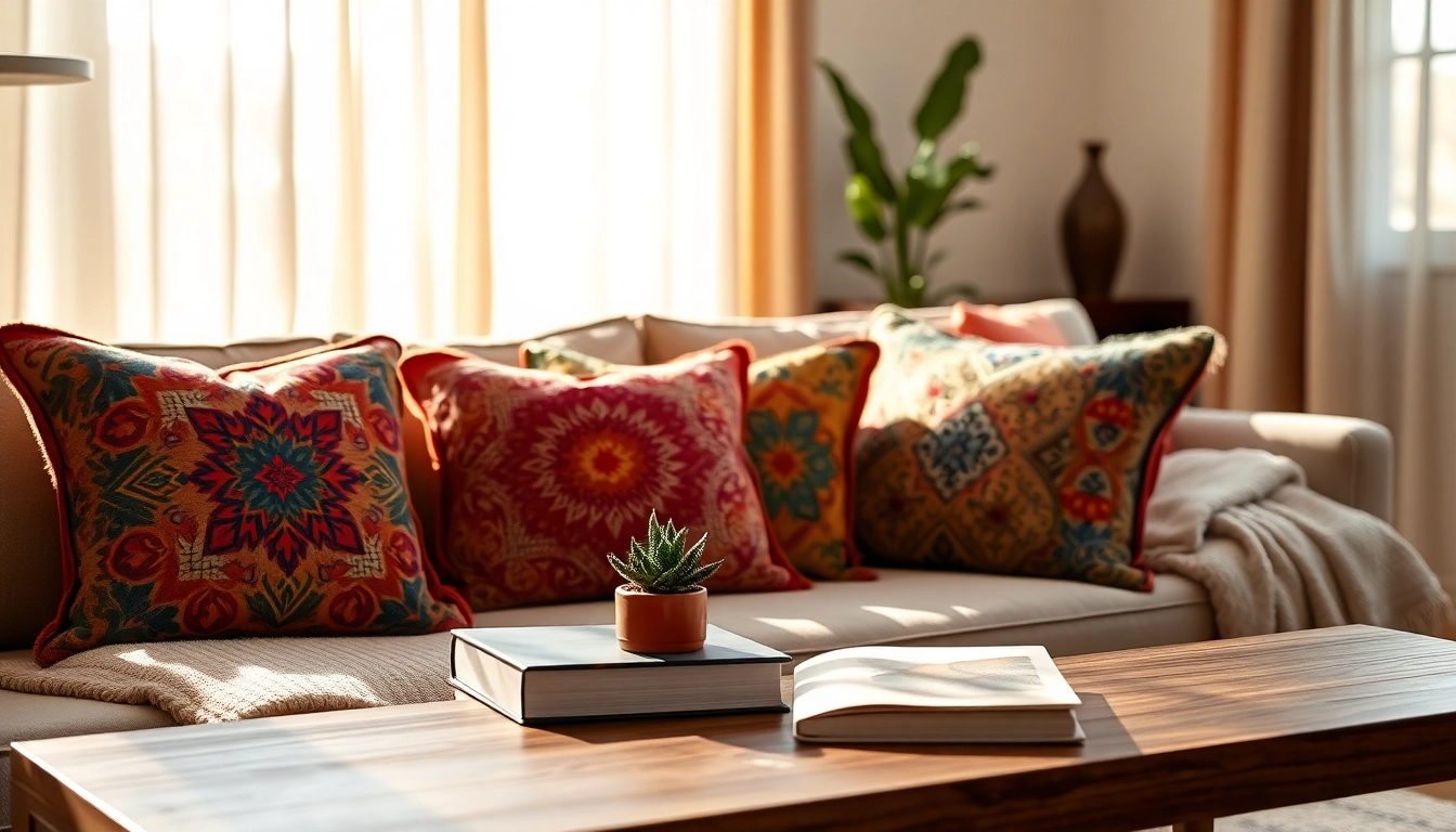 Arrange colorful Cactus Silk Pillows on a plush sofa in a cozy living room setting.