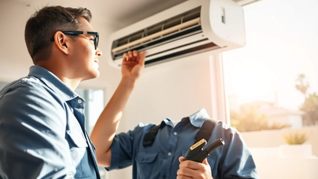 Technician offering Los Angeles HVAC services while repairing an air conditioning unit indoors.