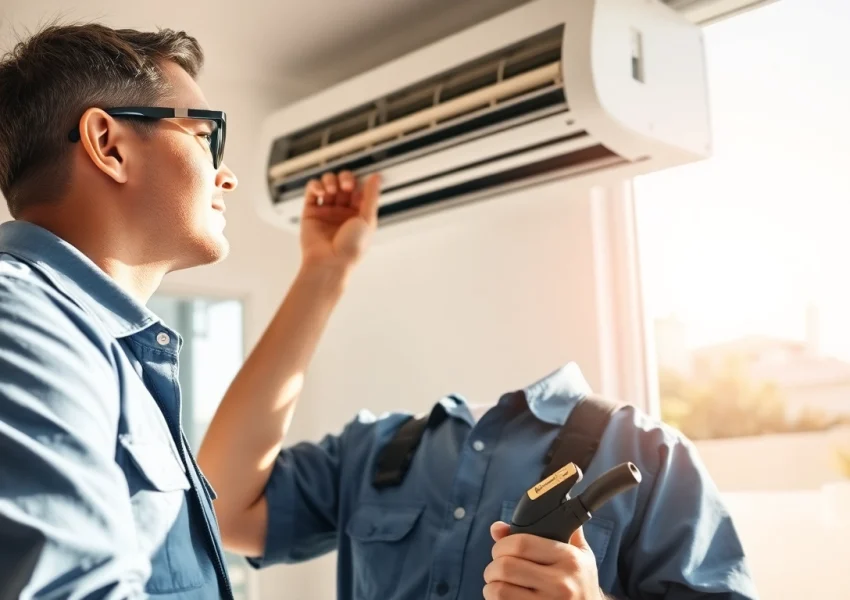Technician offering Los Angeles HVAC services while repairing an air conditioning unit indoors.