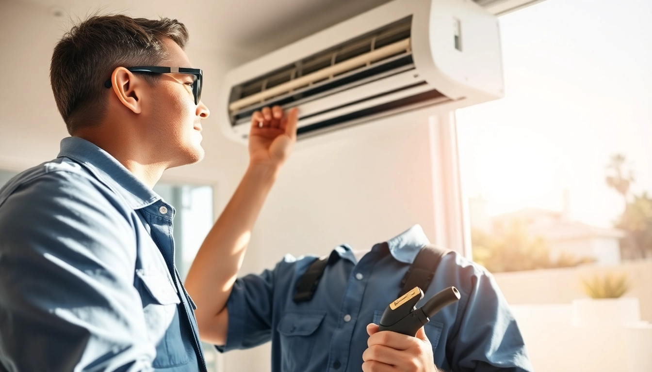 Technician offering Los Angeles HVAC services while repairing an air conditioning unit indoors.