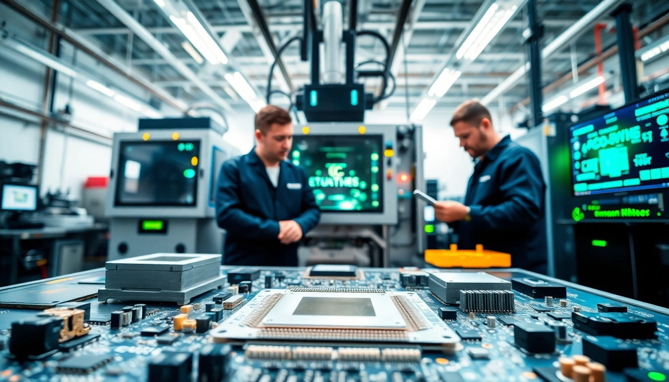 People examining microchips in a modern manufacturing facility showcasing advanced technology.