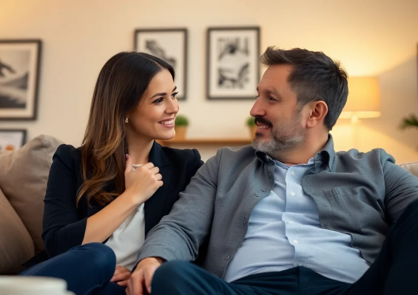Couple practicing communication in relationships, expressing open dialogue in a cozy setting.
