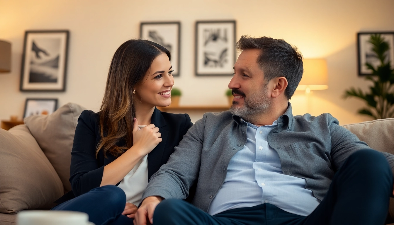 Couple practicing communication in relationships, expressing open dialogue in a cozy setting.