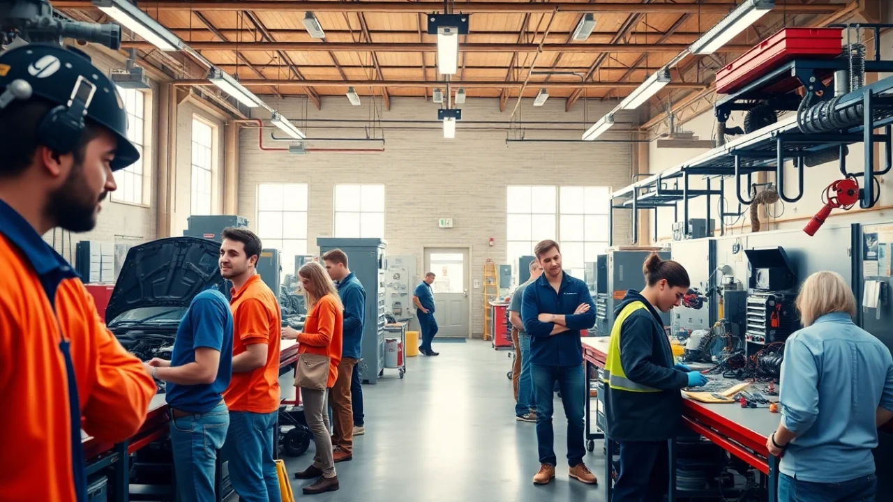 Students engaged in vocational training at a trade school Knoxville TN, showcasing a vibrant learning environment.