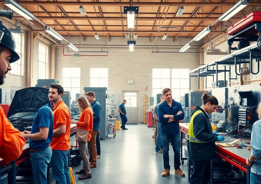 Students engaged in vocational training at a trade school Knoxville TN, showcasing a vibrant learning environment.