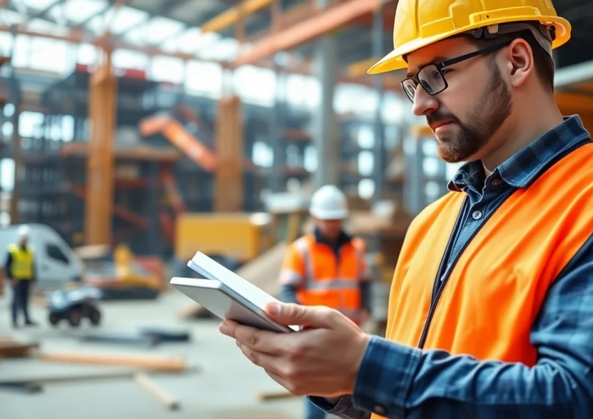 Reviewing NVQ Level 4 construction site supervision answers in a busy construction environment.