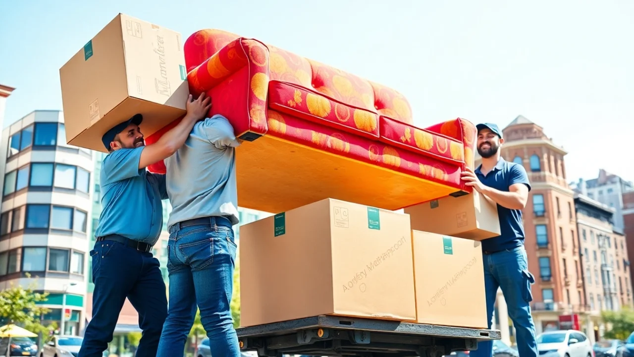 Queens movers expertly handling furniture and boxes in a vibrant neighborhood setting.