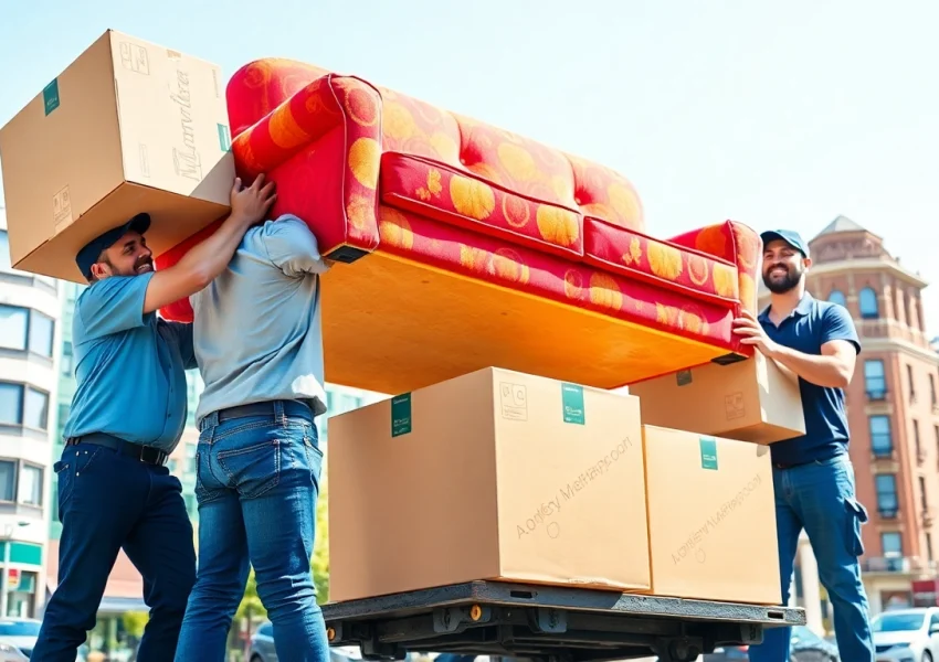 Queens movers expertly handling furniture and boxes in a vibrant neighborhood setting.
