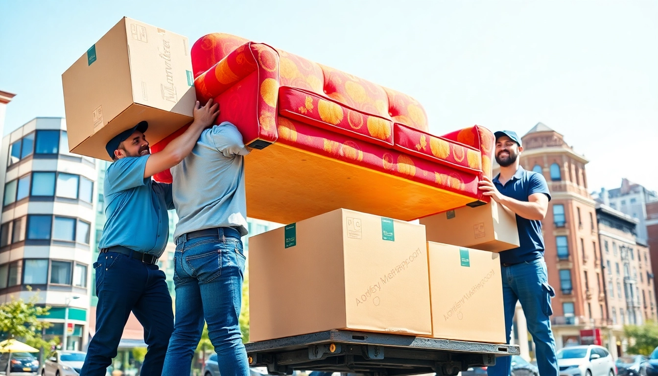 Queens movers expertly handling furniture and boxes in a vibrant neighborhood setting.