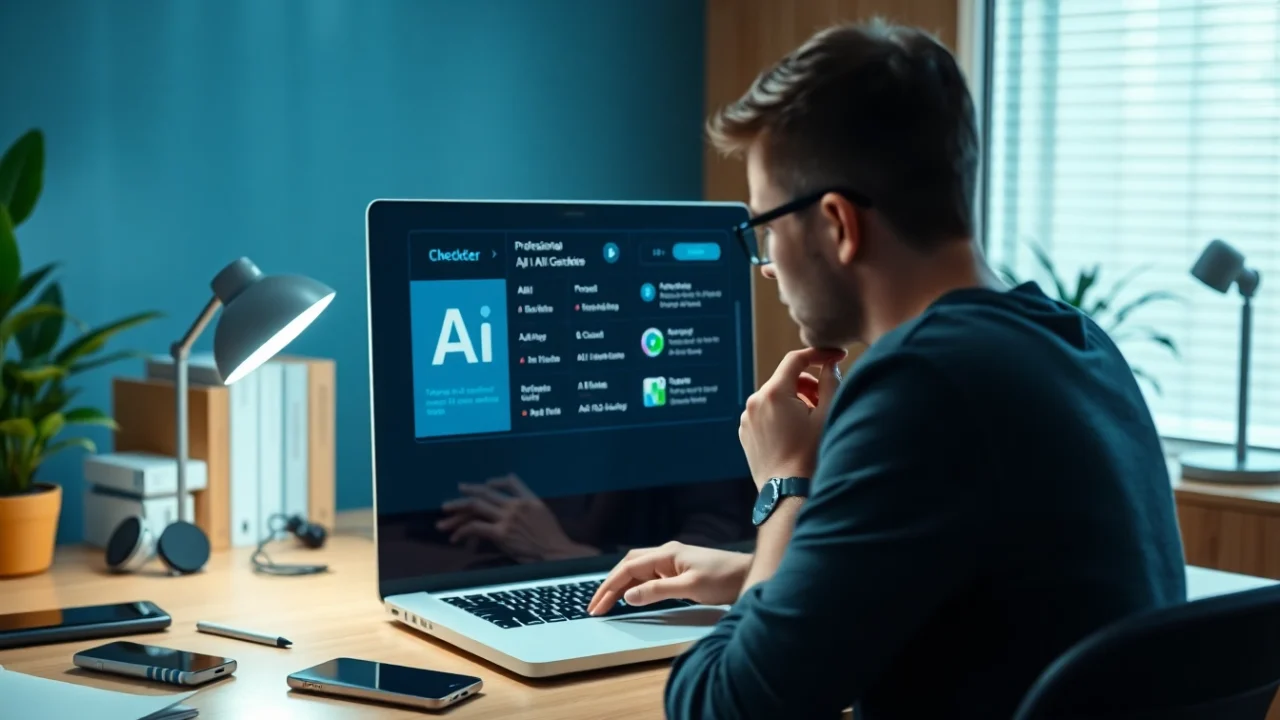 Evaluate AI-generated content using an AI checker on a laptop in a modern workspace.