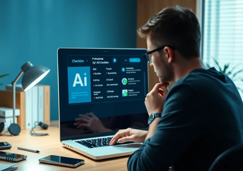 Evaluate AI-generated content using an AI checker on a laptop in a modern workspace.