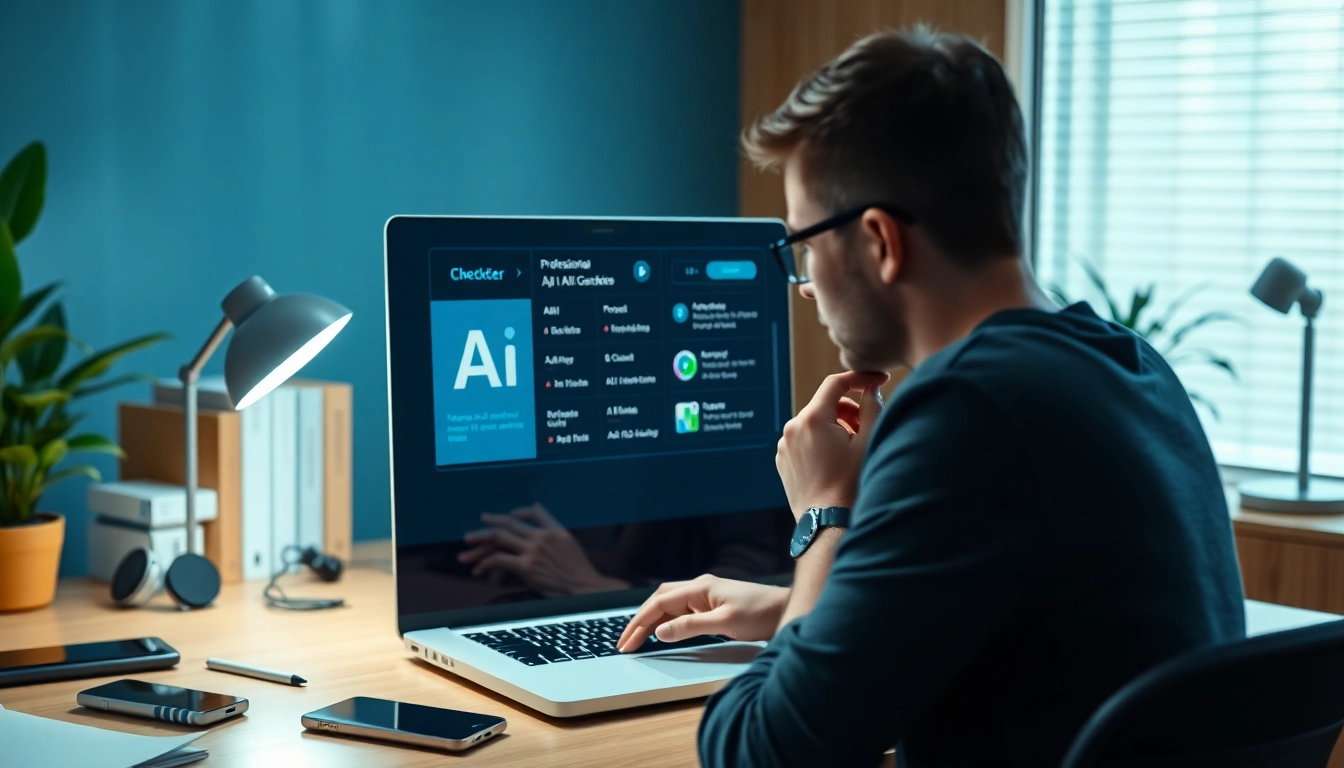 Evaluate AI-generated content using an AI checker on a laptop in a modern workspace.