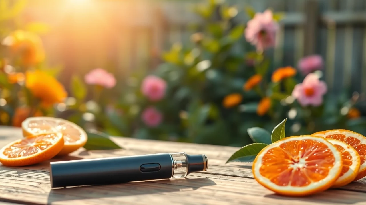 Showcasing a nicotine free disposable vape surrounded by fresh fruit, enhancing its vibrant appeal.