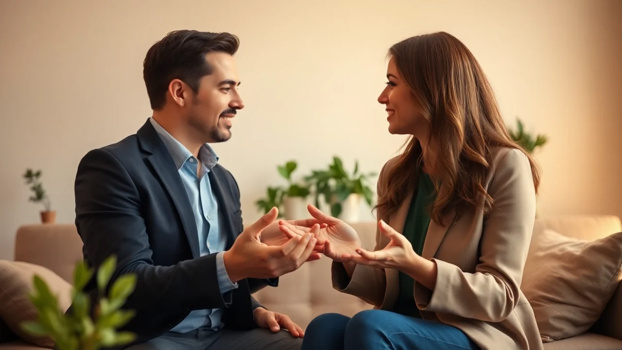 Couple practicing effective communication in relationships while engaging in a deep conversation.