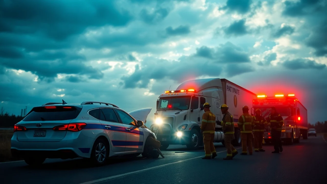 A visual representation of Düzce'de trafik kazası, depicting a pat pat and truck collision site with emergency responders aiding victims.