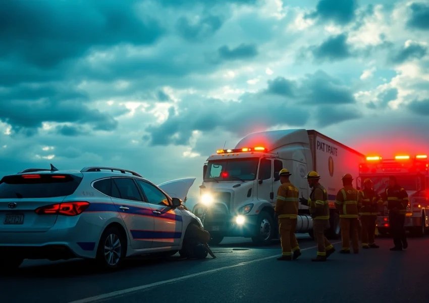 A visual representation of Düzce'de trafik kazası, depicting a pat pat and truck collision site with emergency responders aiding victims.