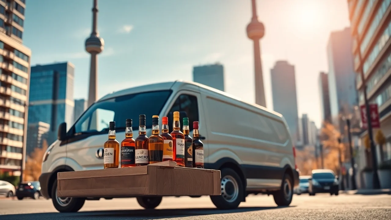 Efficient lcbo delivery Toronto service with a vibrant city backdrop showcasing liquor selection.