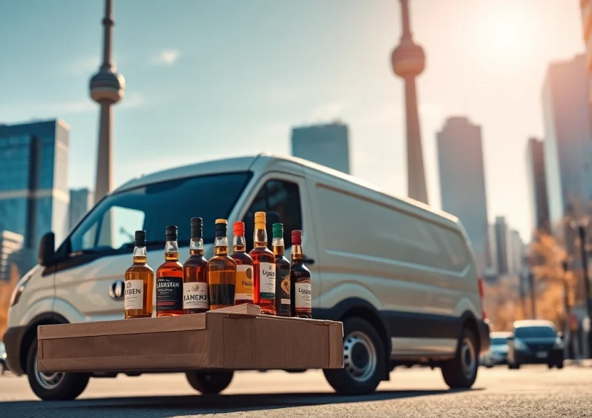 Efficient lcbo delivery Toronto service with a vibrant city backdrop showcasing liquor selection.