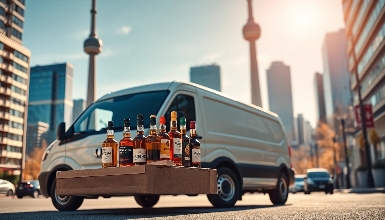 Efficient lcbo delivery Toronto service with a vibrant city backdrop showcasing liquor selection.