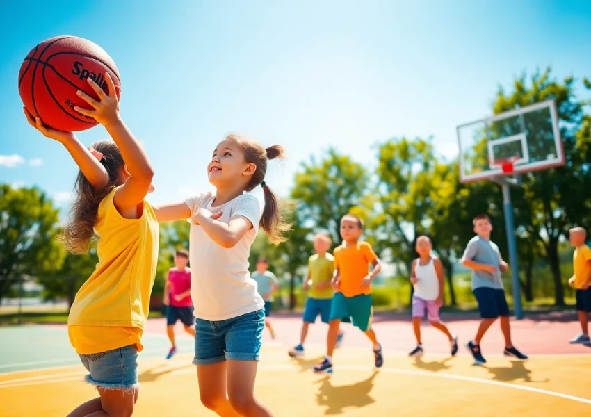 Young basketball enthusiasts displaying teamwork and skill on an outdoor court.