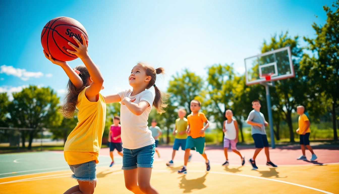 Young basketball enthusiasts displaying teamwork and skill on an outdoor court.