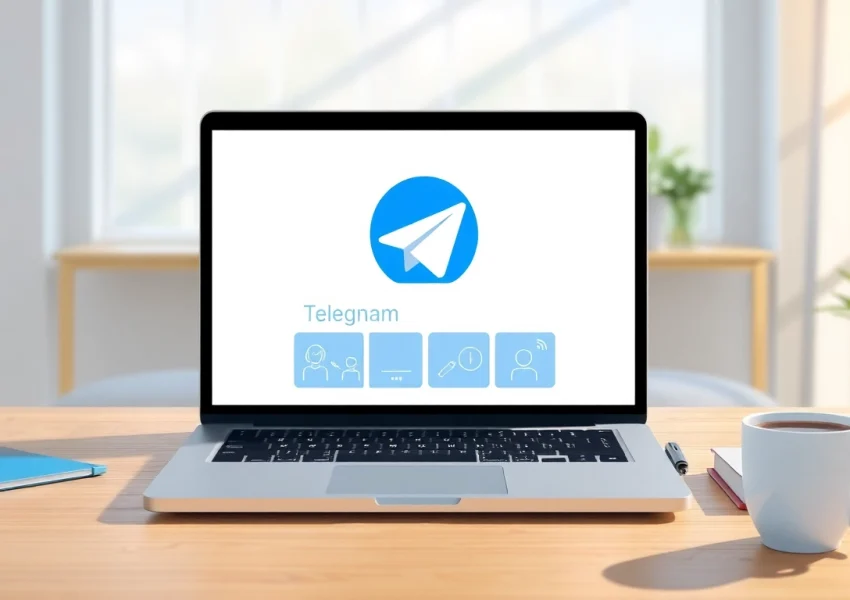 Interact with Telegram電腦版 on a laptop surrounded by a modern workspace, creating a productive environment.