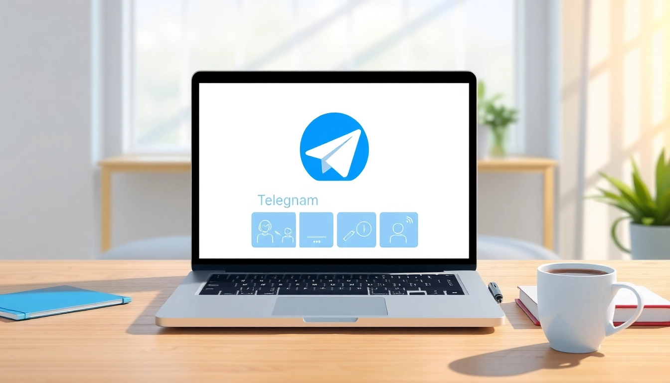 Interact with Telegram電腦版 on a laptop surrounded by a modern workspace, creating a productive environment.