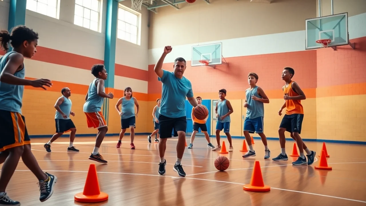 Training session at Takeover Basketball Academy showcasing young athletes practicing basketball skills.