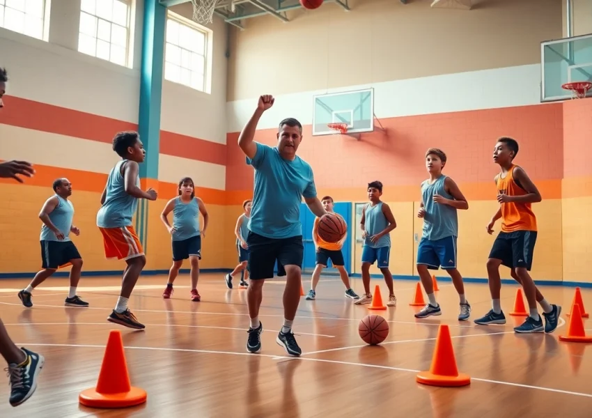 Training session at Takeover Basketball Academy showcasing young athletes practicing basketball skills.