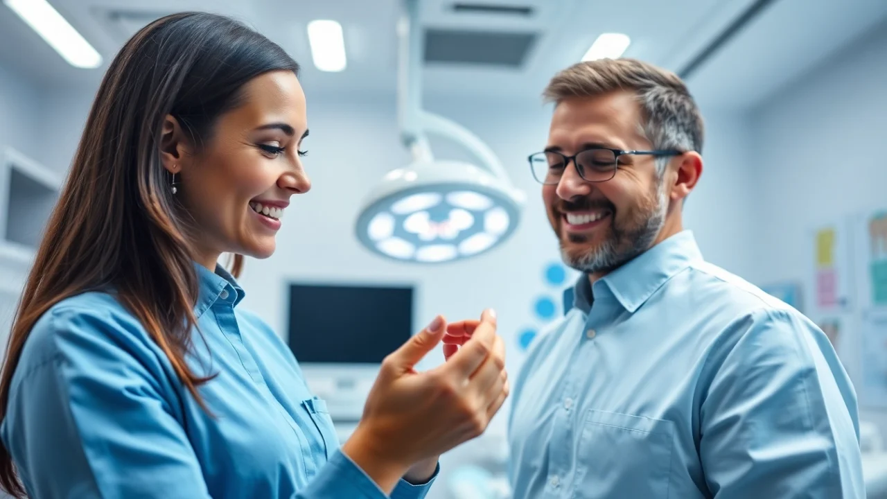 Orthodontist near by me consulting a patient in a modern dental office setting.