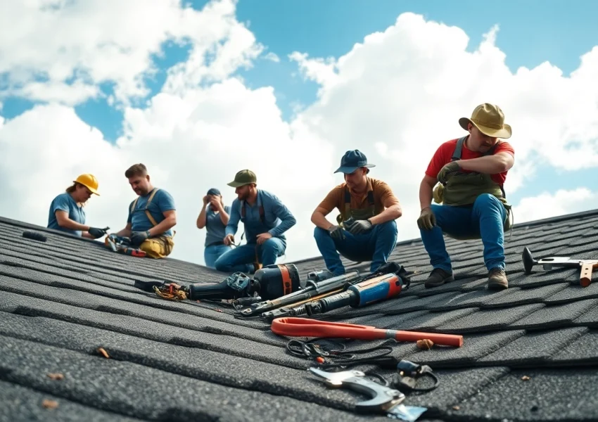 Skilled team performing emergency roof repair Texas service during a storm recovery operation.