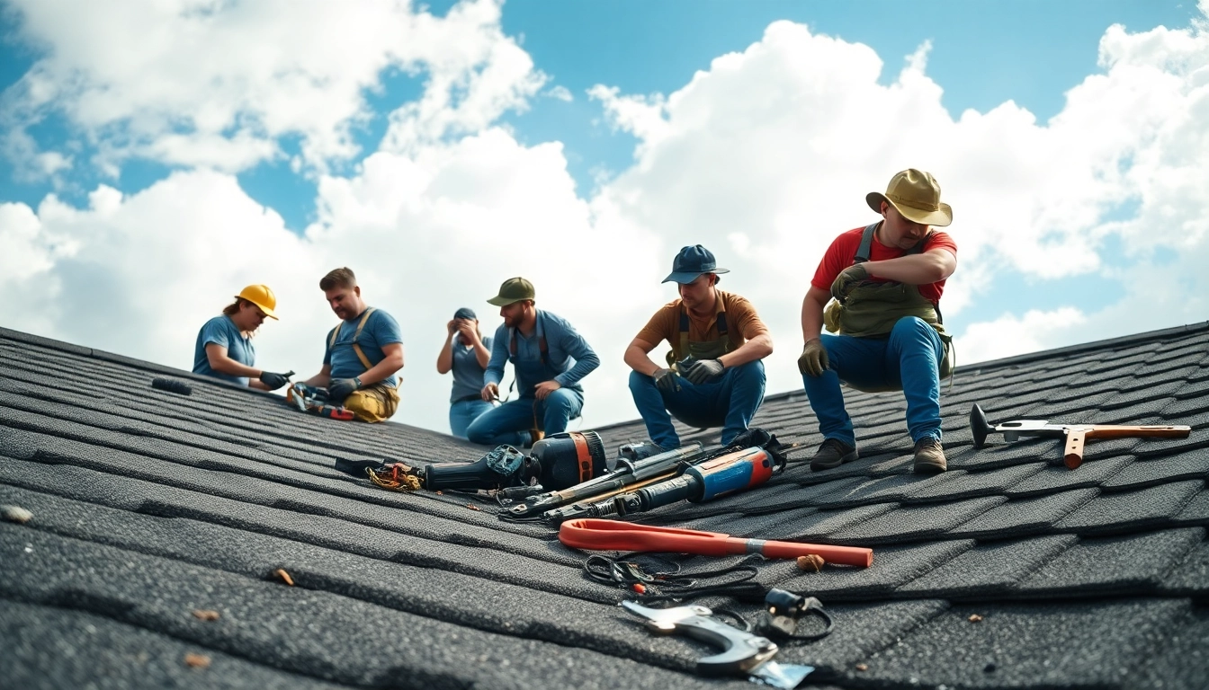 Skilled team performing emergency roof repair Texas service during a storm recovery operation.