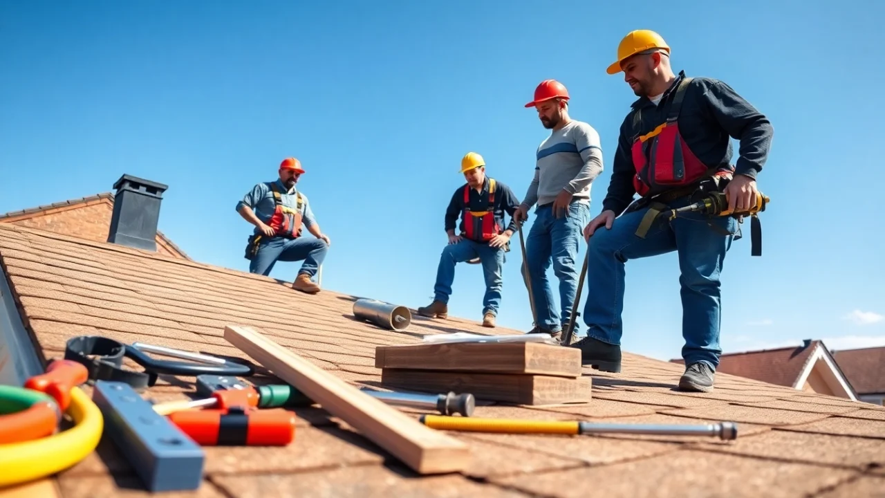 Local roofers near me installing roofing shingles on a sunny day.