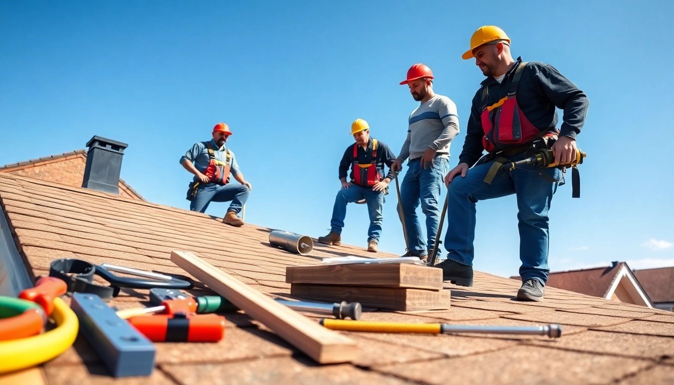 Local roofers near me installing roofing shingles on a sunny day.