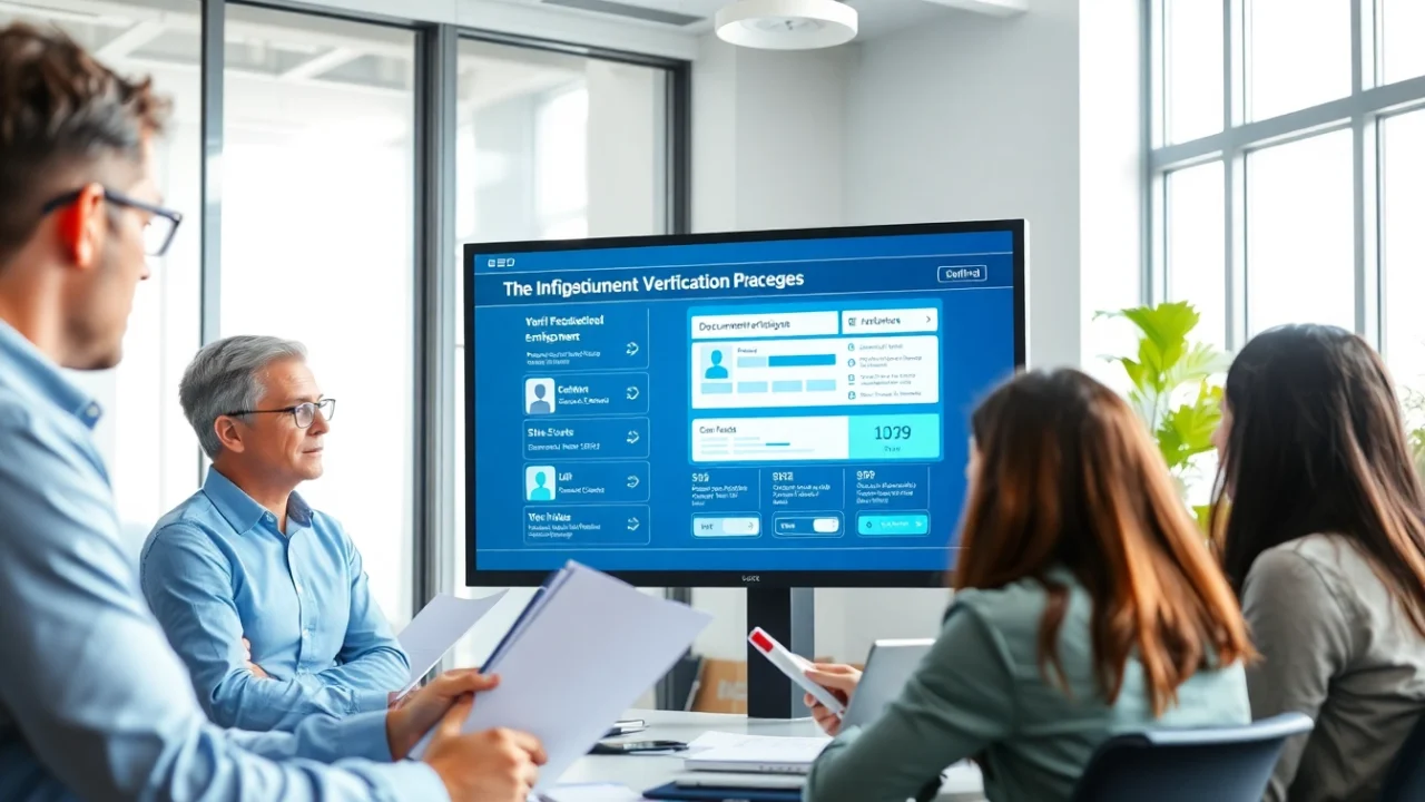 Analyze document verification processes with a diverse team in a professional office setting.
