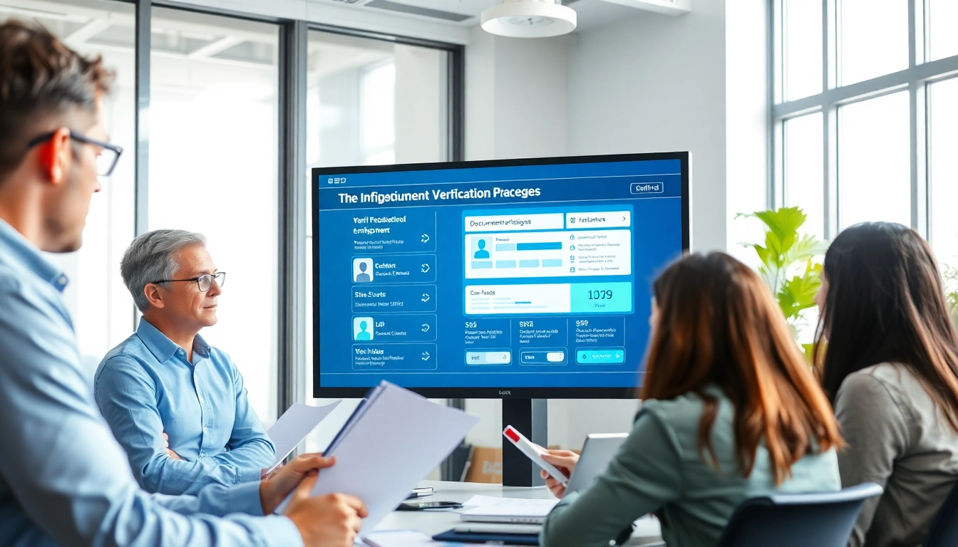 Analyze document verification processes with a diverse team in a professional office setting.