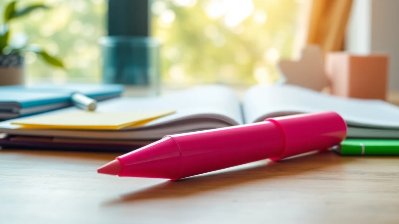 Highlight important notes with a vibrant pink highlighter pen against a colorful stationery backdrop.