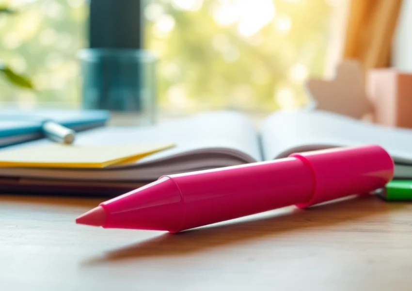 Highlight important notes with a vibrant pink highlighter pen against a colorful stationery backdrop.